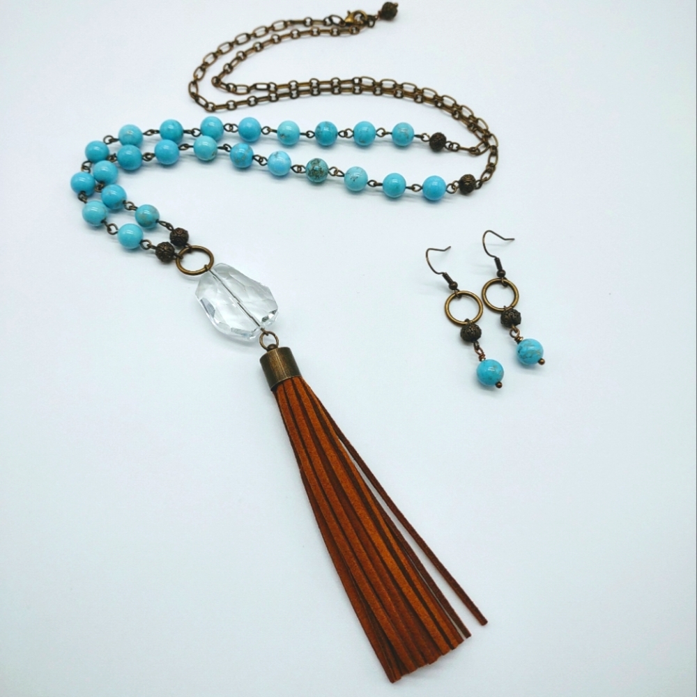 Turquoise and Suede Beaded Tassel Necklace and Earrings Set